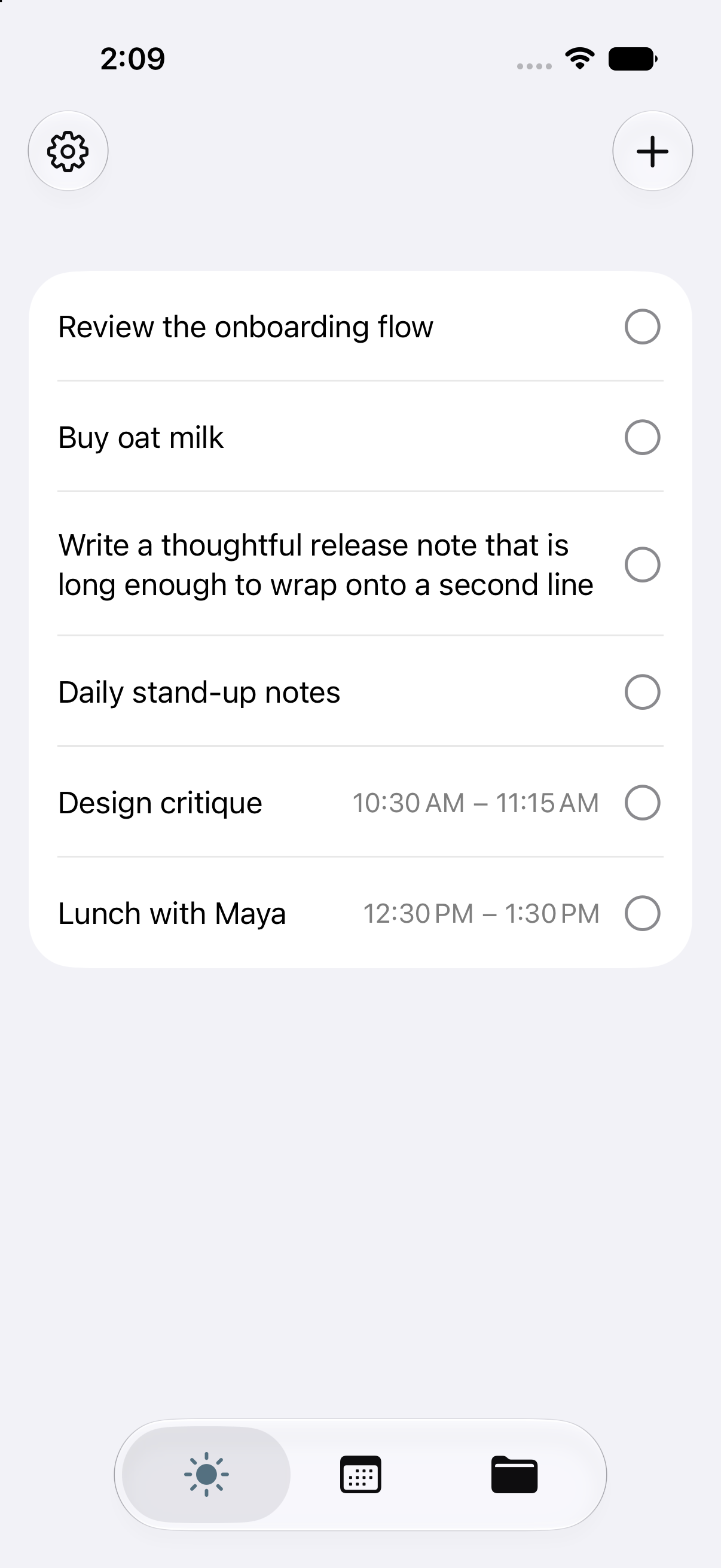 Nagare showing a list of today's tasks on iPhone